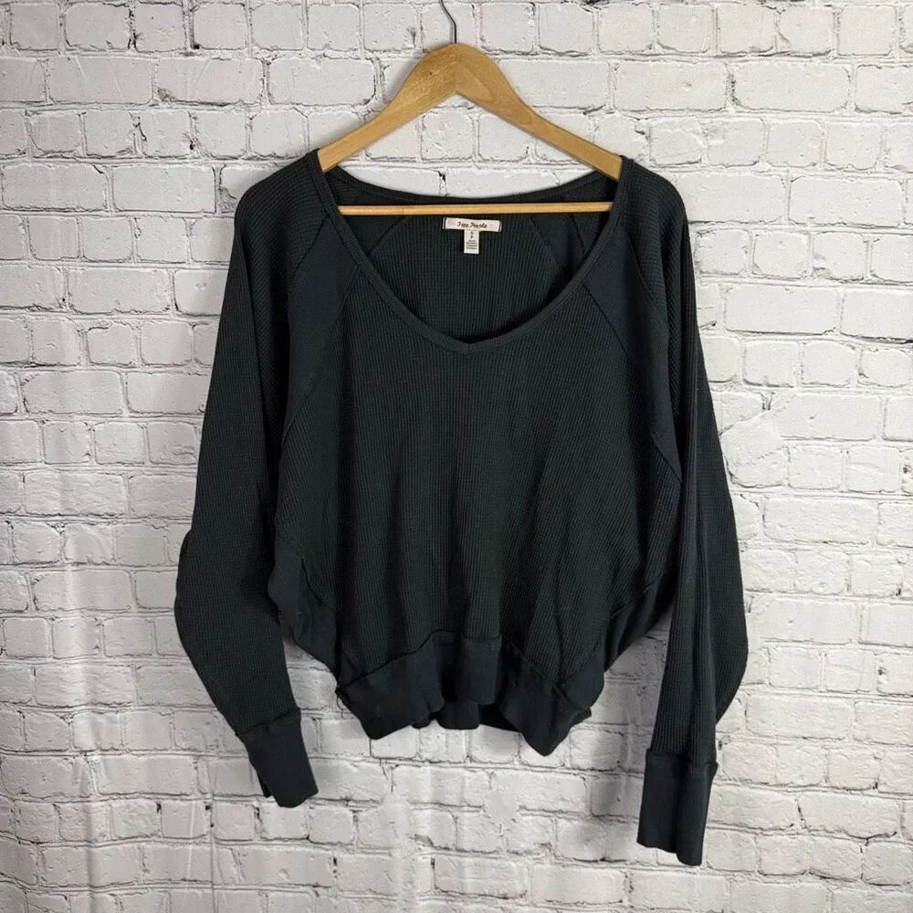 Free People Santa Clara Thermal Waffle Knit V Neck Black Size Small